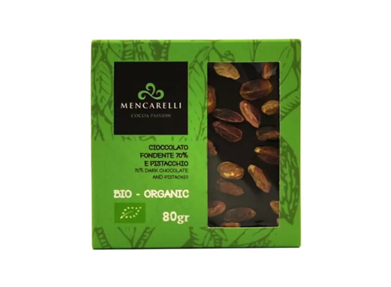 80g Dark Chocolate 70% and Pistachio Bar - Organic - Mencarelli - Food